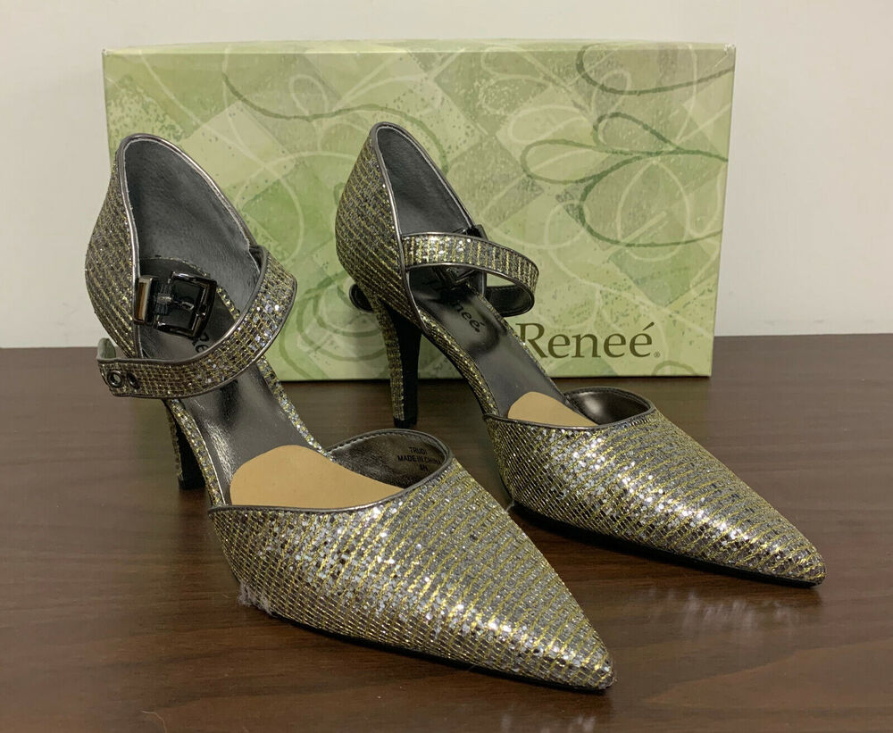 J. Renee Trudi Pewter Heels Size 8N Crinkled Foil Leaf Rhinestone Buckle NIB